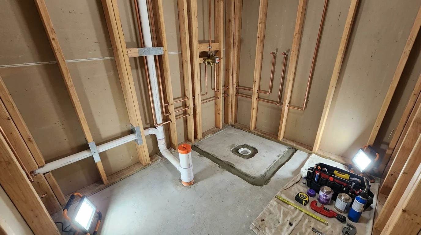 Bathroom rough-in plumbing during remodel by Johns Plumbing LLC in Tulsa
