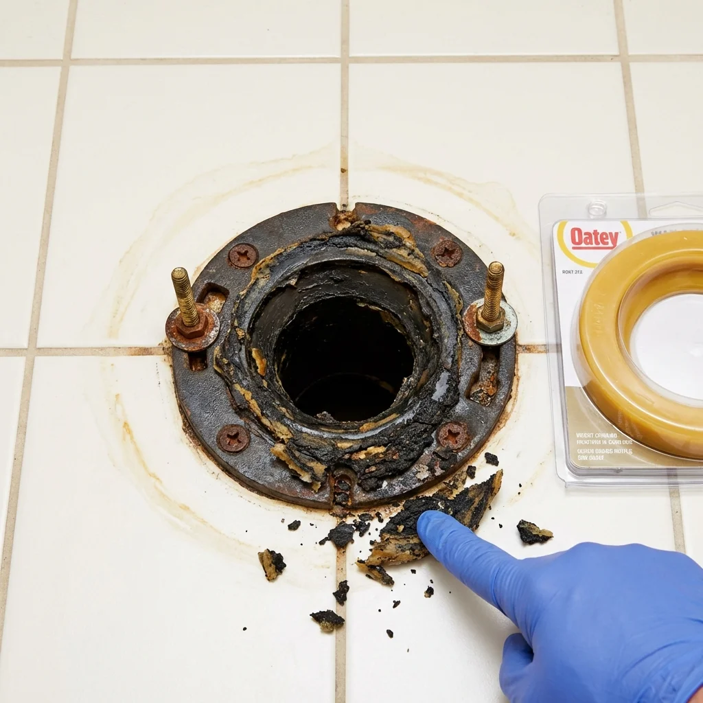 Failed wax ring showing water seepage at the base of a toilet in a Tulsa, OK home